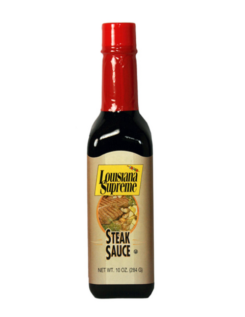Bottle of Louisiana Supreme Steak Sauce on a white background