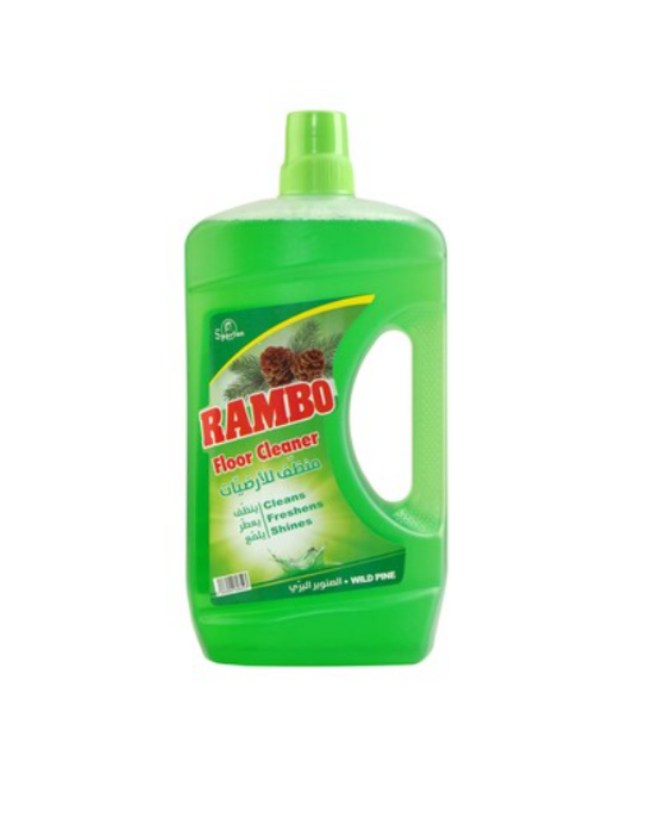 Green bottle of Rambo floor cleaner on a white background