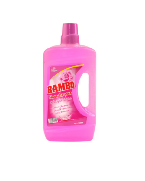 Pink bottle of Rambo floor cleaner on a white background