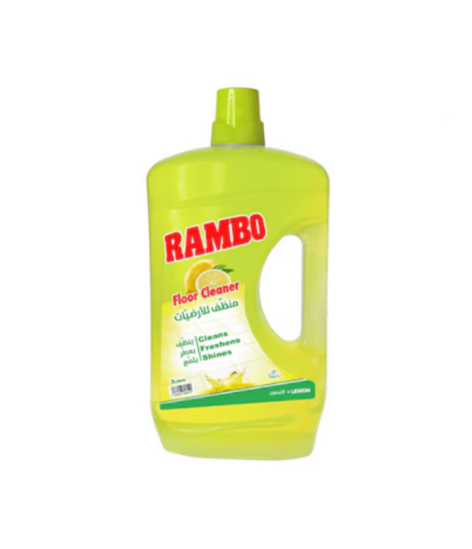 Green bottle of Rambo floor cleaner on a white background