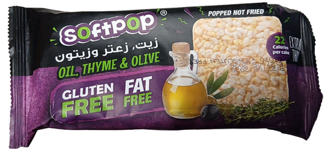 Soft'Pop gluten-free and fat-free popcorn packaging with oil, thyme, and olive flavor.