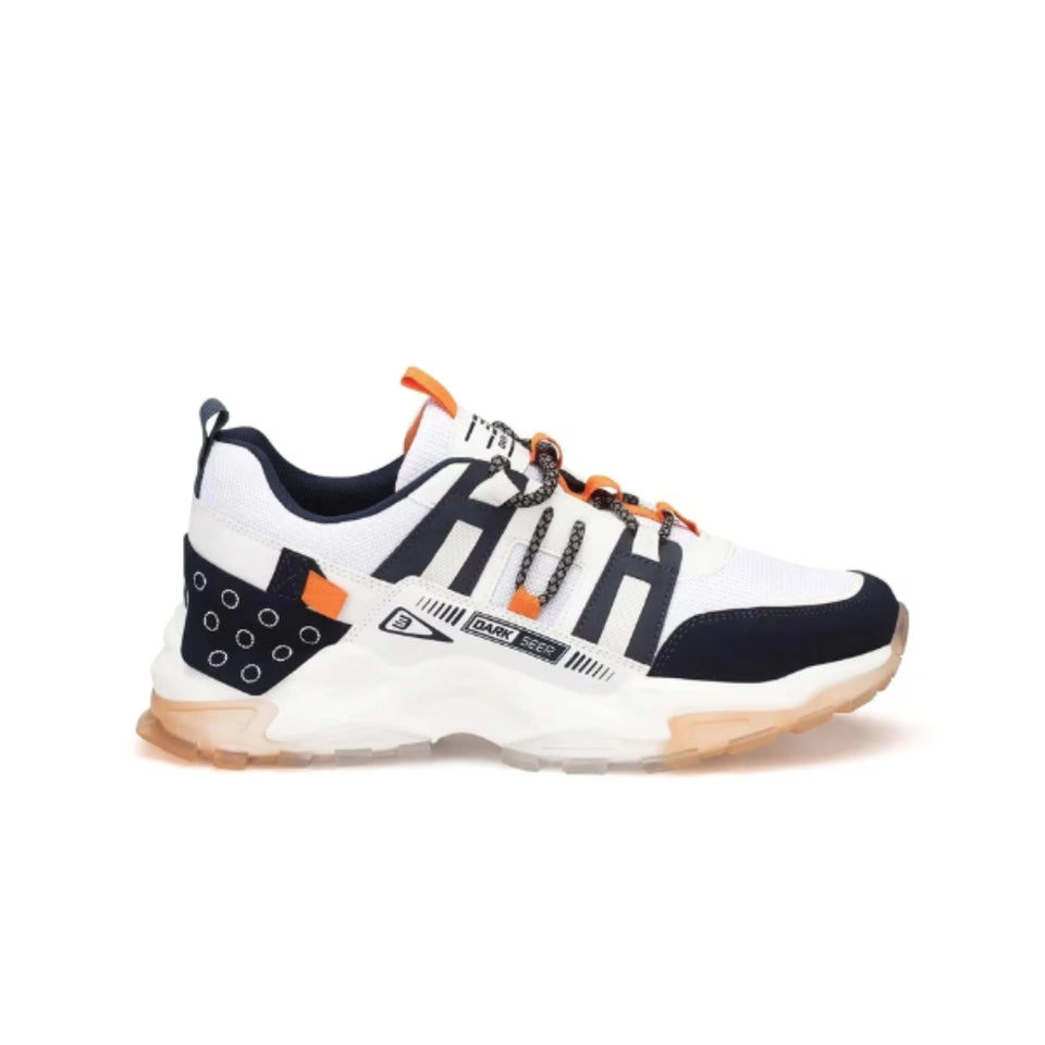 A white, navy, and orange athletic sneaker shown from the side against a plain white background.