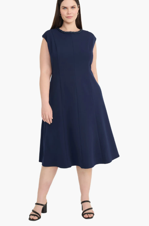 Maggy London Women's Navy Curb Chain Cap Sleeve Fit & Flare Midi Dress| Maggy London n Lebanon