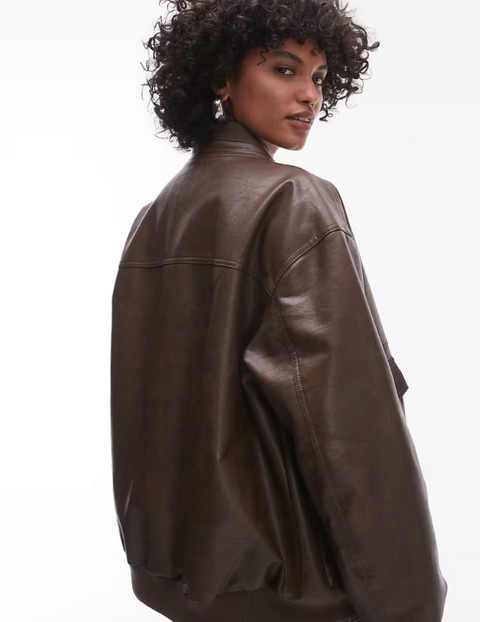 Topshop Women's Dark Brown Faux Leather Super Oversized Bomber Jacket | Topshop in Lebanon