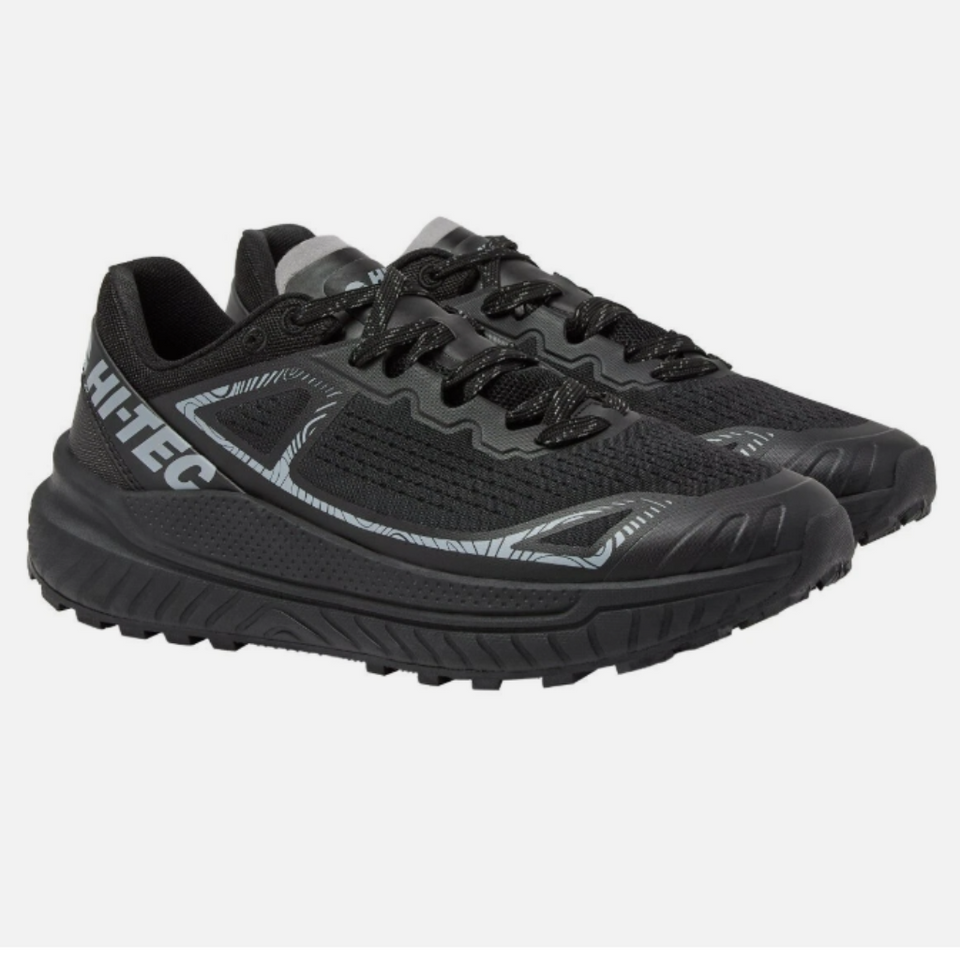 A pair of black trail running shoes with gray accents and the brand name 'HI-TEC' visible on the side, set against a plain light gray background.