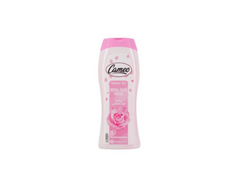 Cameo shower gel bottle with pink label on a white background