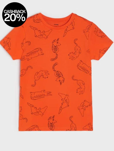 Orange t-shirt with animal pattern on a white background