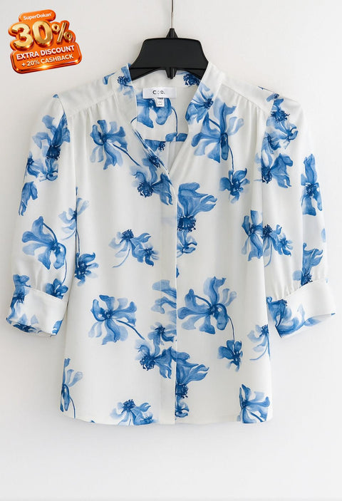 CeCe Women's White & Blue Floating Florals Shirt | CeCe In Lebanon