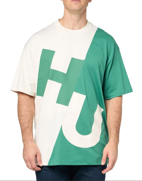 Hugo  Men's Open White Green Block Logo Cotton T-shirt | Hugo  in Lebanon
