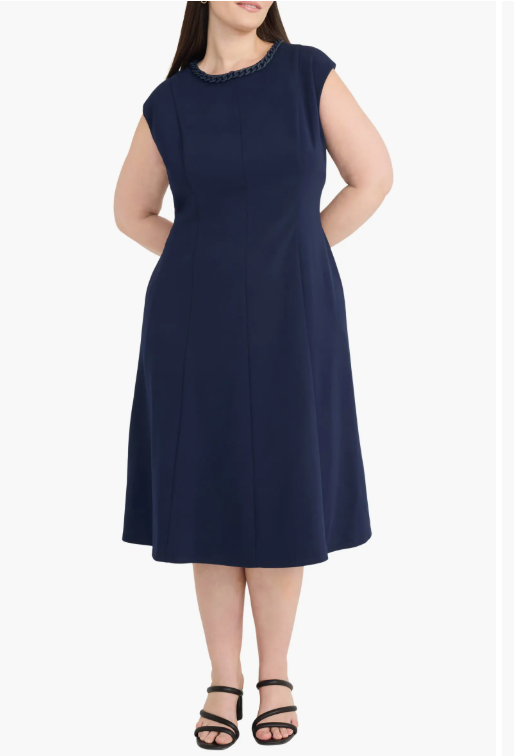 Maggy London Women's Navy Curb Chain Cap Sleeve Fit & Flare Midi Dress| Maggy London n Lebanon