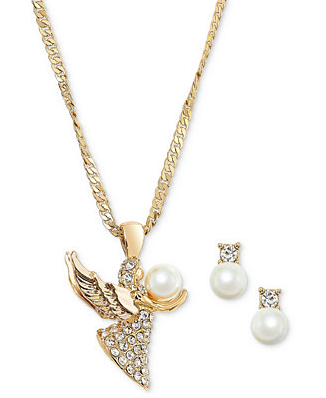 Holiday Lane Women's Gold-Tone Crystal & Pearl Angel Necklace & Earrings Set | Holiday Lane In Lebanon