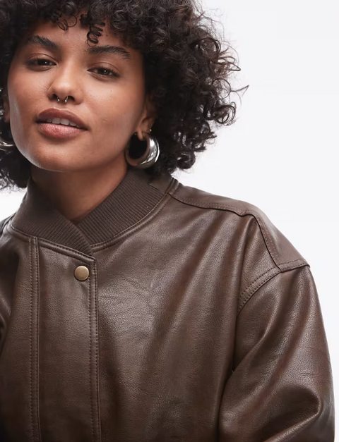 Topshop Women's Dark Brown Faux Leather Super Oversized Bomber Jacket | Topshop in Lebanon