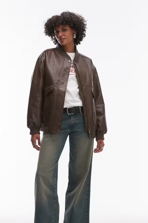 Topshop Women's Dark Brown Faux Leather Super Oversized Bomber Jacket | Topshop in Lebanon