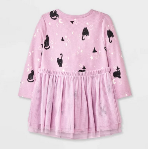 Cat & Jack Baby Girl's Lilac & Black Cat Witch Printed Long Sleeve Tulle Dress | Cat & Jack In Lebanon