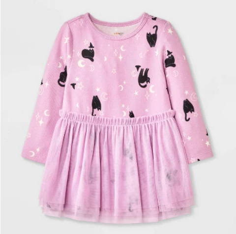 Cat & Jack Baby Girl's Lilac & Black Cat Witch Printed Long Sleeve Tulle Dress | Cat & Jack In Lebanon