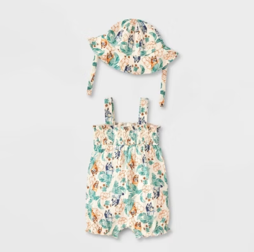 Bluey Baby Girl's Off White & Green 2-Piece Gauze Romper & Hat Set | Bluey In Lebanon