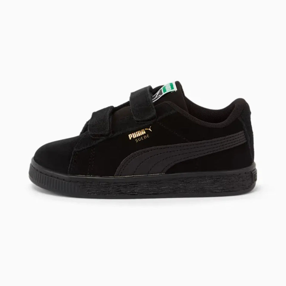 Black leather sneaker with white sole on a white background