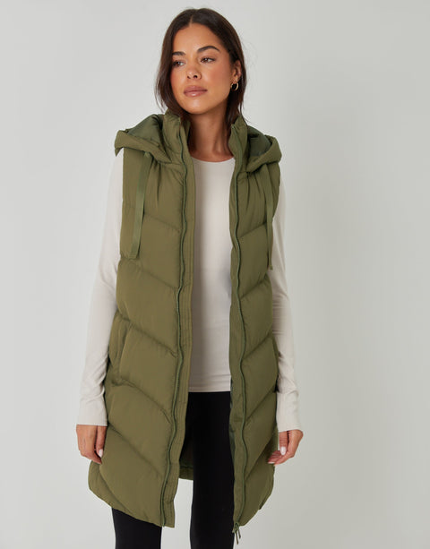 Threadbare Women's Khaki Green Longline Padded Gilet Long Vest | Threadbare In Lebanon