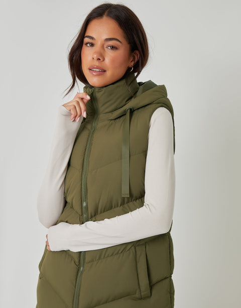Threadbare Women's Khaki Green Longline Padded Gilet Long Vest | Threadbare In Lebanon