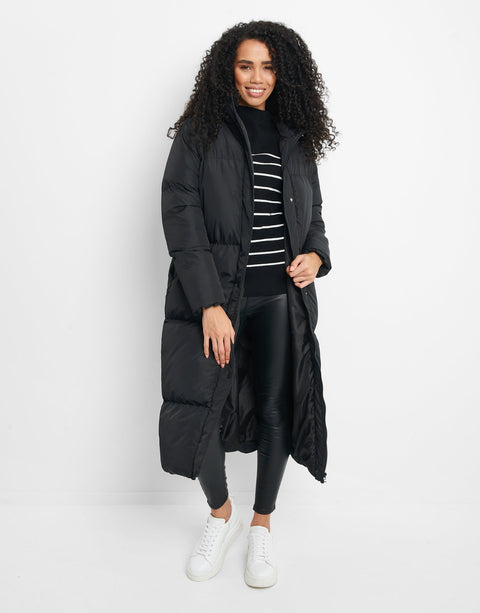 Threadbare Women's Black Maxi Puffer Hooded Jacket|Threadbare In Lebanon