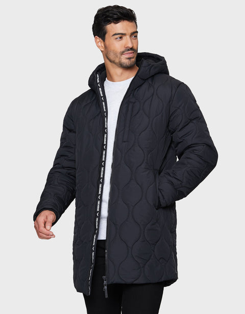 Man wearing a black quilted jacket on a white background
