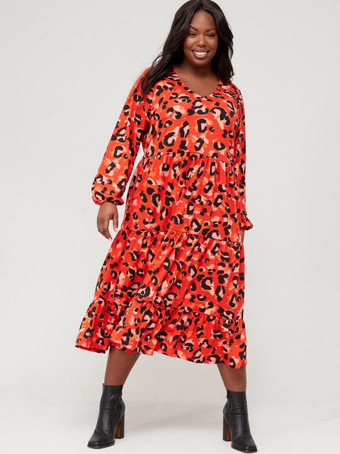 V By Very Women's Red Animal V-Neck Jersey Tiered Midi Dress TQYXD FE1139(SHR)