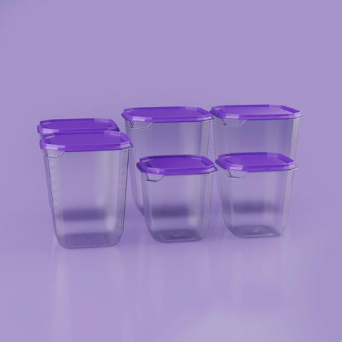 Set of clear plastic containers with purple lids on a purple background