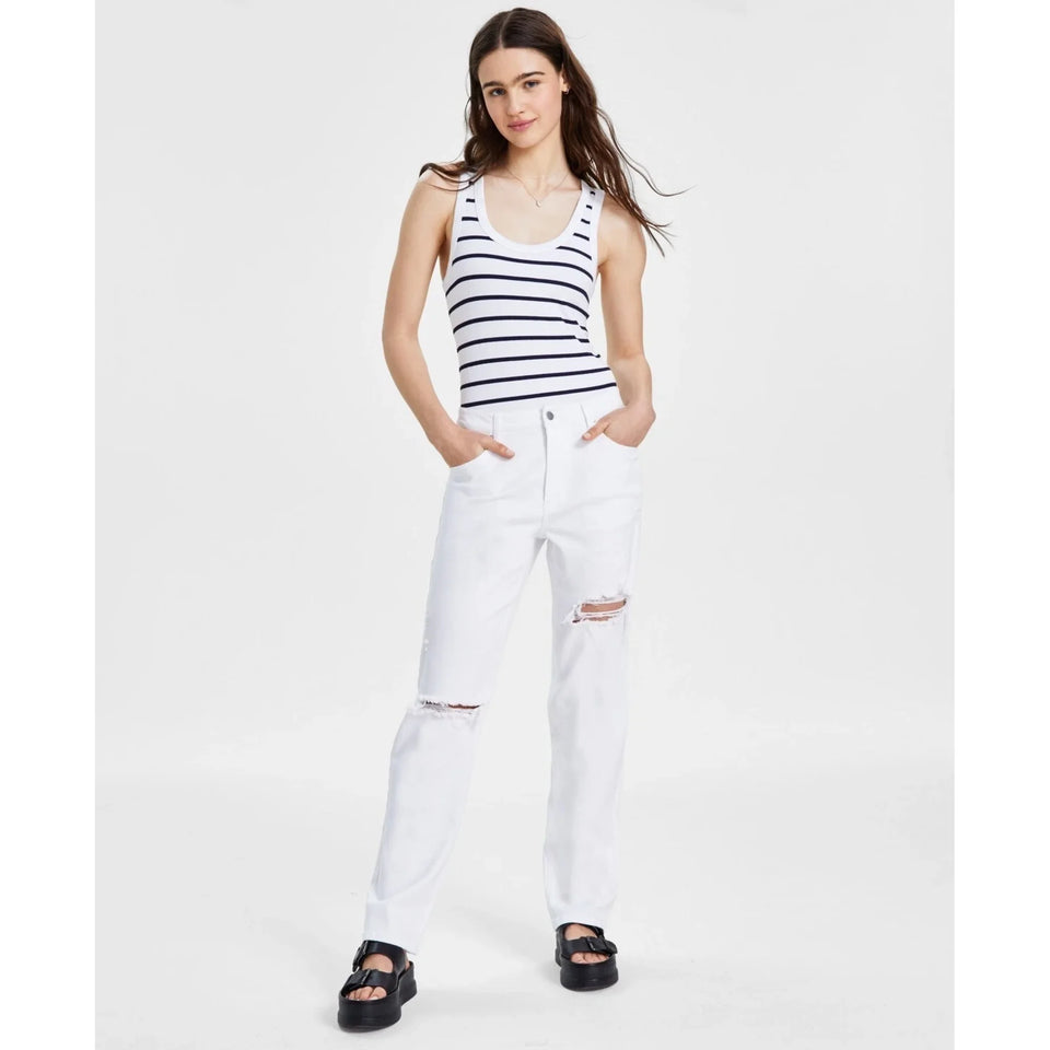 Tinseltown Women's WhiteRelaxed Ripped Straight-Leg Jeans |Tinseltown in Lebanon