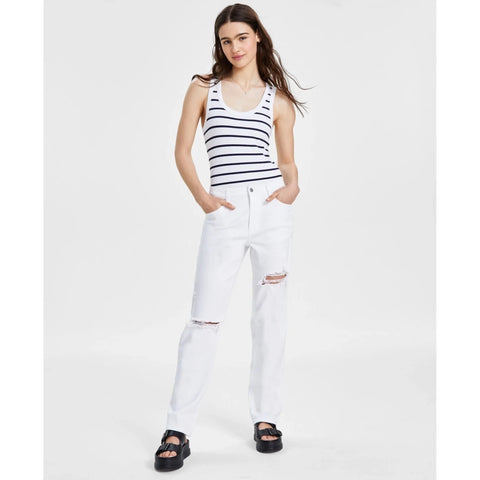 Tinseltown Women's White  Relaxed Ripped Straight-Leg Jeans |Tinseltown in Lebanon