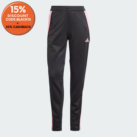 Black tracksuit pants with pink accents on a light gray background