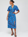 V by Very Women's Blue Angel Sleeve Printed Midi Dress UR5R3 FE512