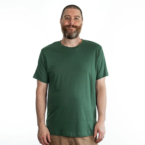 Man wearing a green t-shirt on a white background