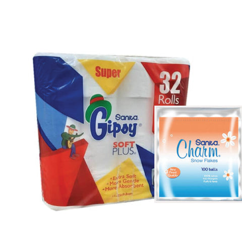 Sanita Gipsy Toilet Soft Plus 32 Rolls + Sanita Charm Snow Flakes Cotton Balls 100 Pieces Free