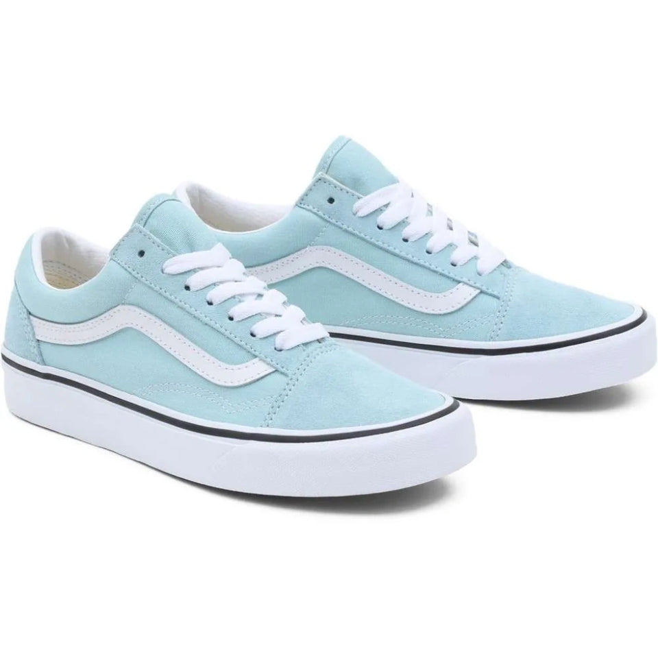 A pair of light blue suede Vans Old Skool sneakers with white laces, white side stripes, and white rubber soles, shown on a clean white background.