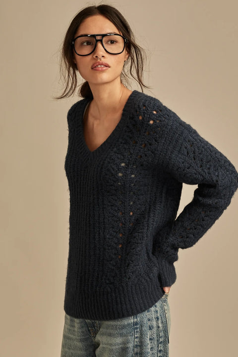 Lucky Brand Women's Navy V Neck Pointelle Cable Pullover Sweater|Lucky Brand In Lebanon