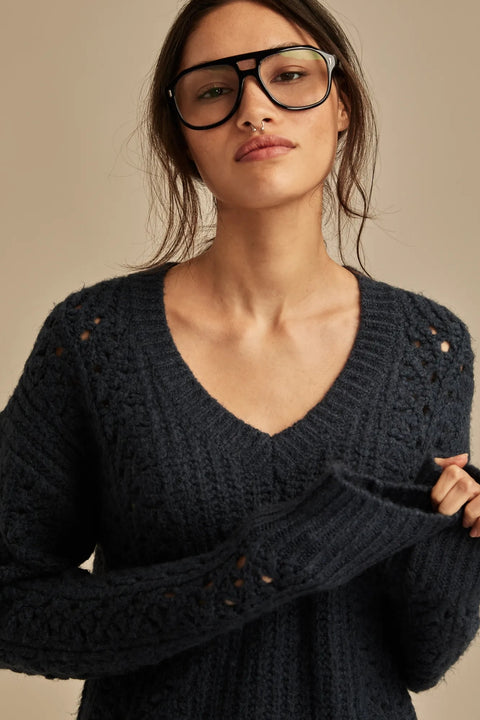 Lucky Brand Women's Navy V Neck Pointelle Cable Pullover Sweater|Lucky Brand In Lebanon