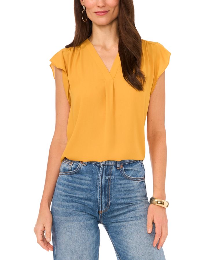 Vince Camuto Women's Golden Yellow Flutter Short Sleeve Blouse | Vince Camutoin Lebanon
