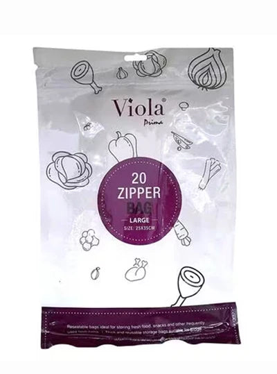 A pack of Viola zipper bags containing 20 large, clear plastic bags with the brand logo visible.