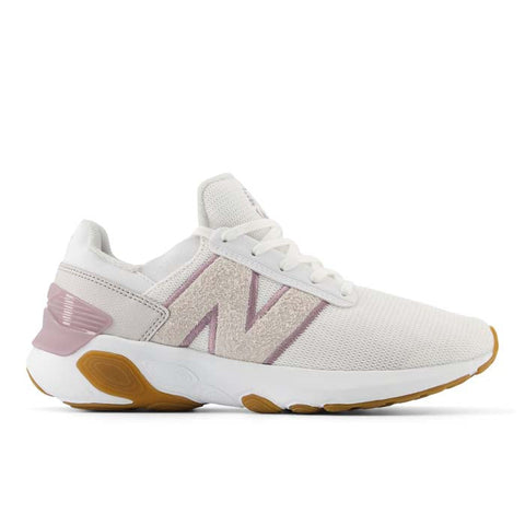 White sneaker with pink accents on a white background
