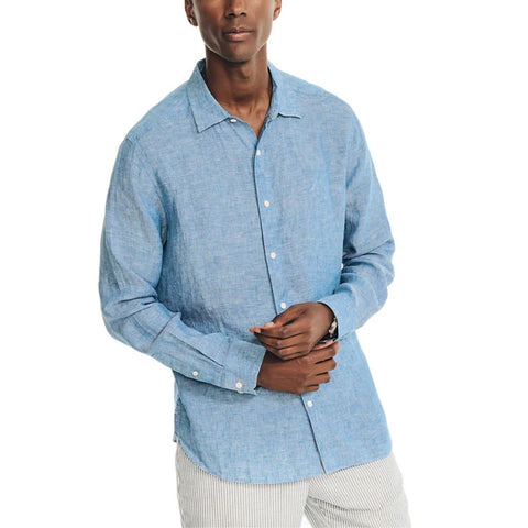 Nautica Men's Blue Sustainably Crafted Solid Linen Long Sleeve Woven Shirt | Nautica In Lebanon