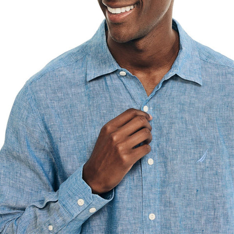 Nautica Men's Blue Sustainably Crafted Solid Linen Long Sleeve Woven Shirt | Nautica In Lebanon