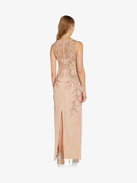 Adrianna Papell Women's Gold Petite Beaded Sleeveless Long Sheath Gown Dress | Adrianna Papell In Lebanon