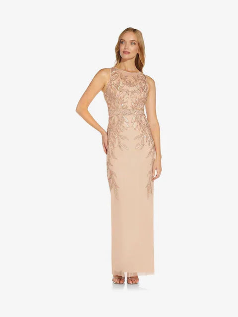 Adrianna Papell Women's Gold Petite Beaded Sleeveless Long Sheath Gown Dress | Adrianna Papell In Lebanon