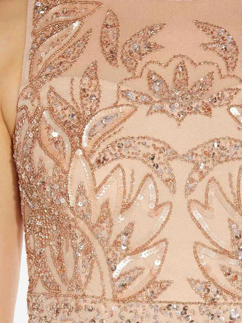 Adrianna Papell Women's Gold Petite Beaded Sleeveless Long Sheath Gown Dress | Adrianna Papell In Lebanon