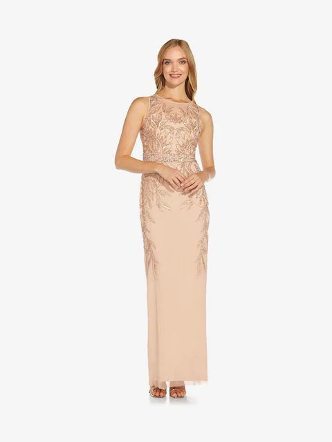 Adrianna Papell Women's Gold Petite Beaded Sleeveless Long Sheath Gown Dress | Adrianna Papell In Lebanon