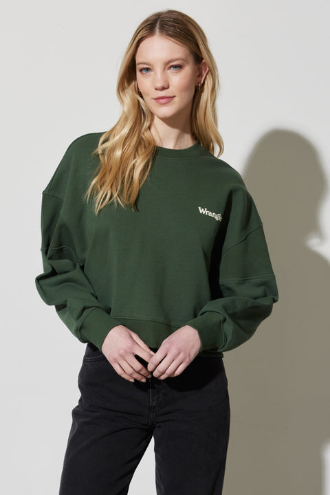 Wrangler Women's Dark Green Loose Fit, Crew Neck Sweatshirt |Wrangler In Lebanon