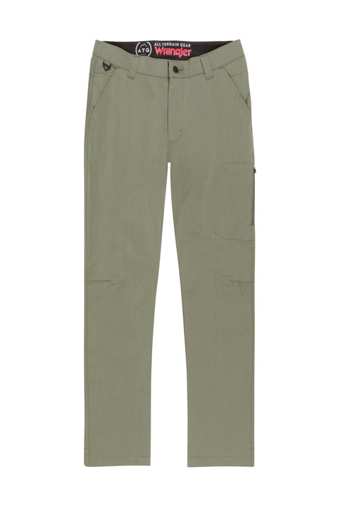 Green pants with a brand label on a white background