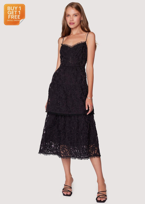 Lost + Wander Women's Black Madonna Blossom Organza Tier Midi Dress | Lost + Wander In Lebanon