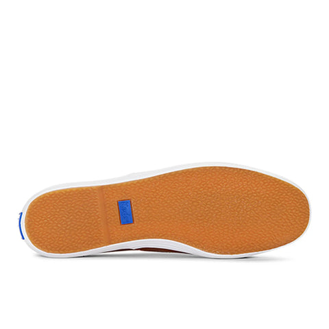 Brown shoe sole with a blue logo on a white background