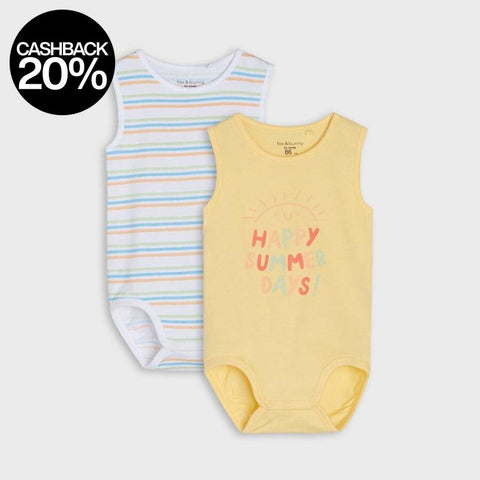 Two baby bodysuits, one striped and one with 'Happy Summer' text, on a light gray background.